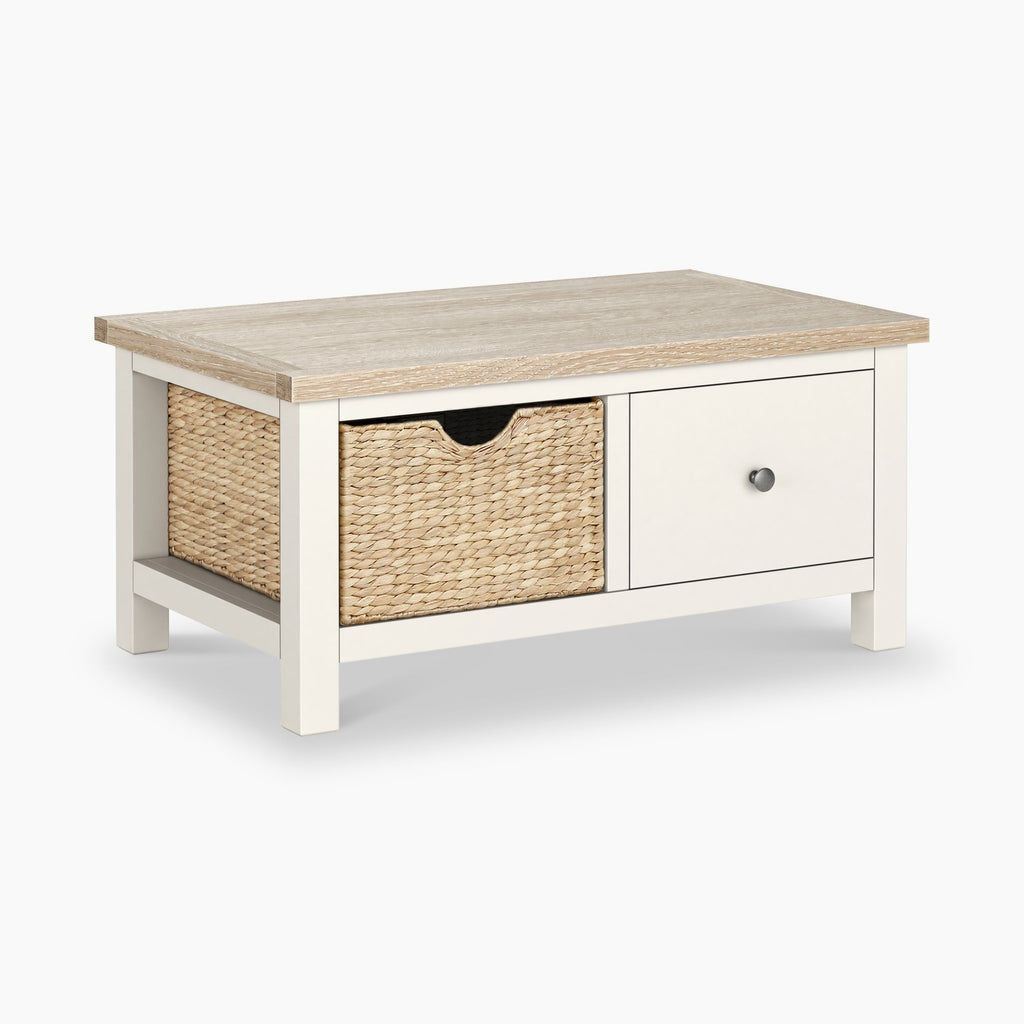 Table basse Farro avec panier en osier et tiroir