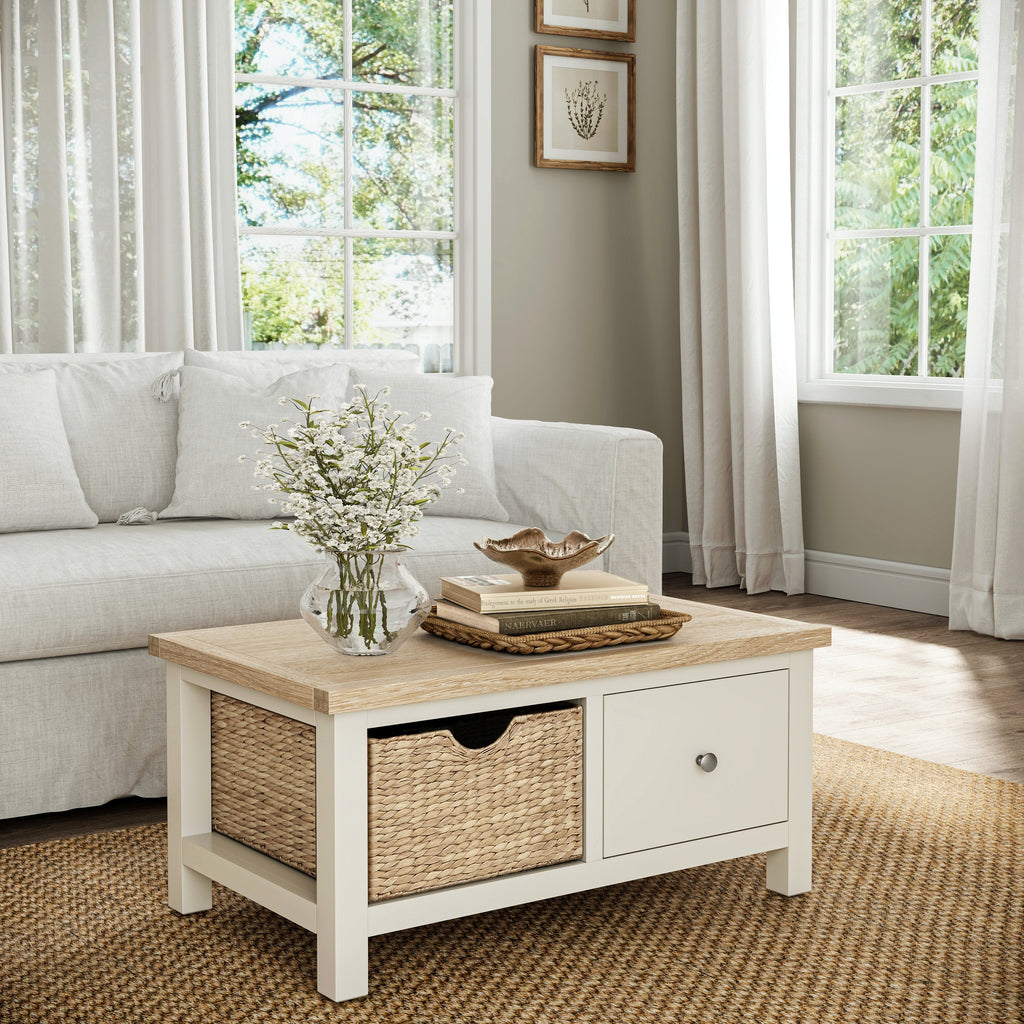 Table basse Farro avec panier en osier et tiroir