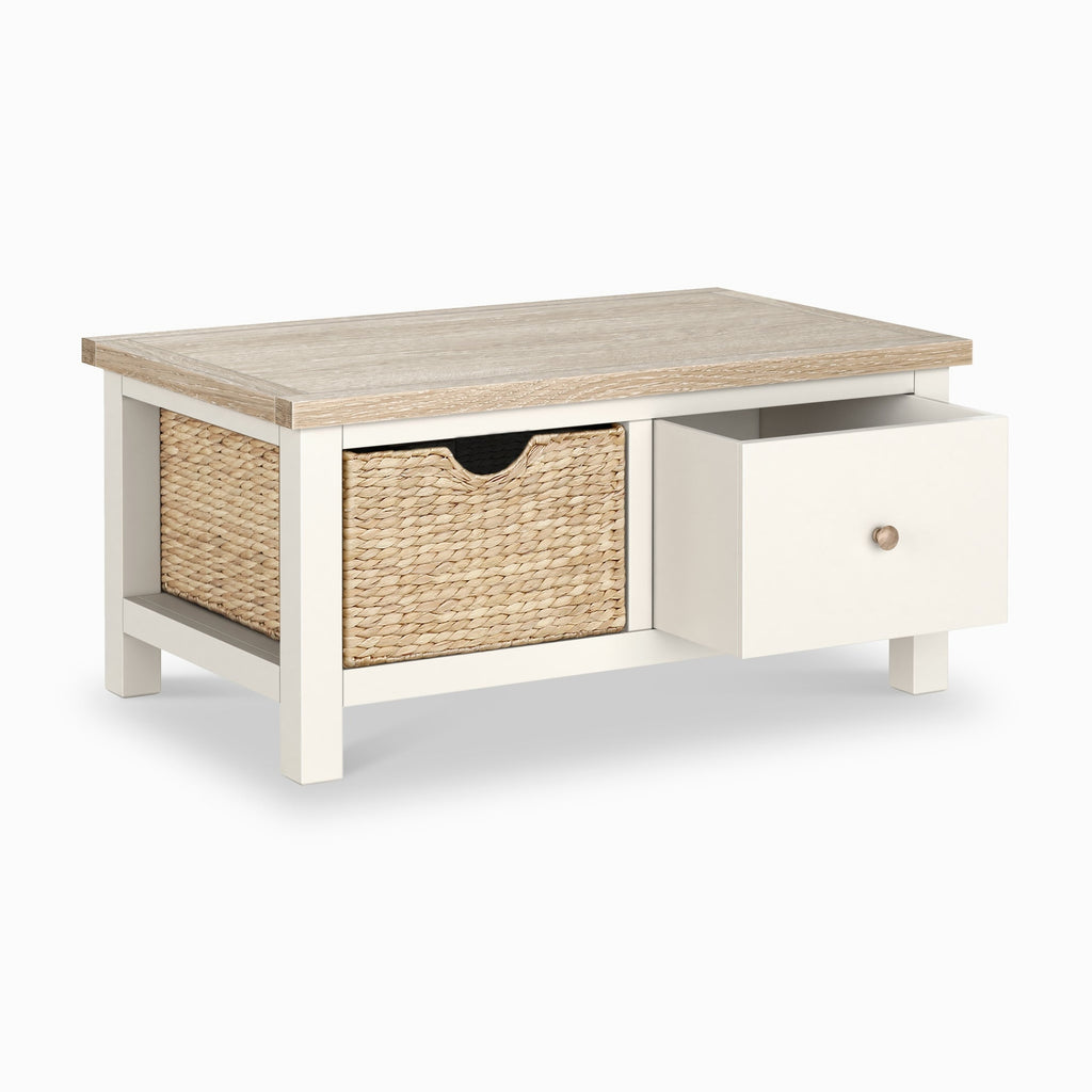 Table basse Farro avec panier en osier et tiroir
