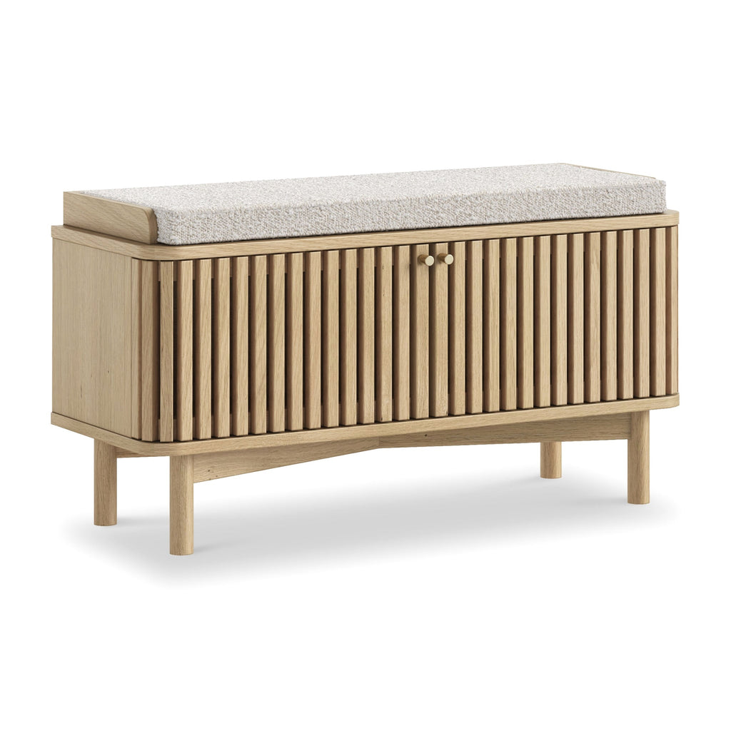 Banc de rangement rembourré à lattes de chêne