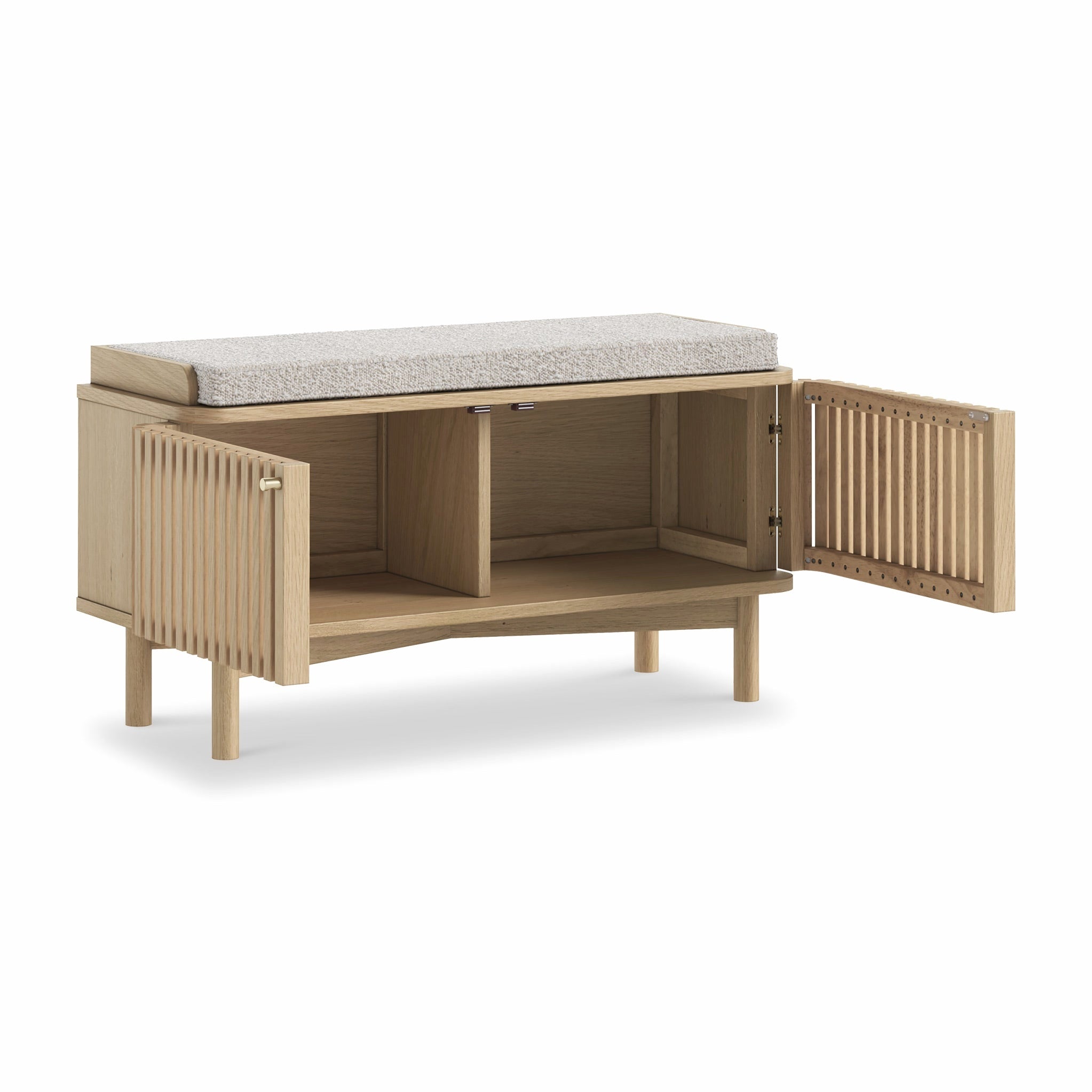 Banc de rangement rembourré à lattes de chêne