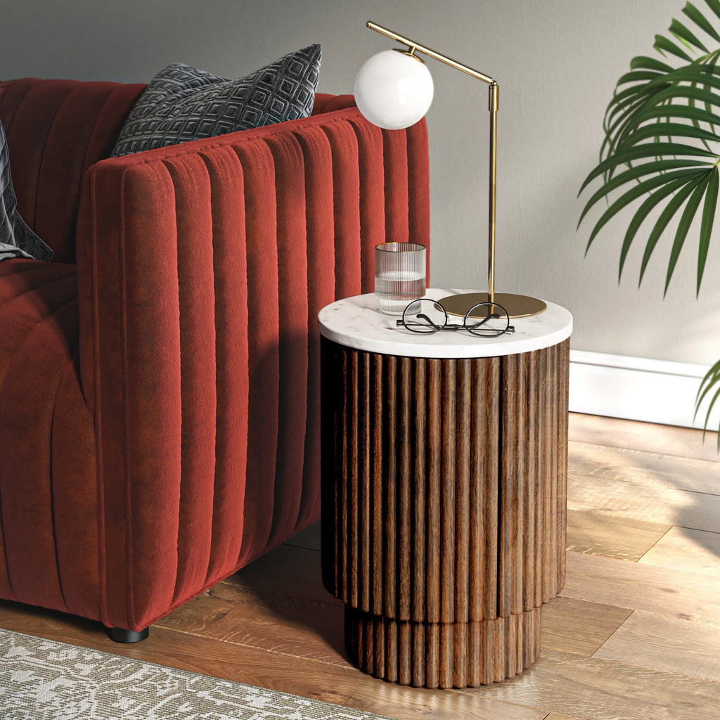 Table d'appoint encastrée en bois de manguier et marbre