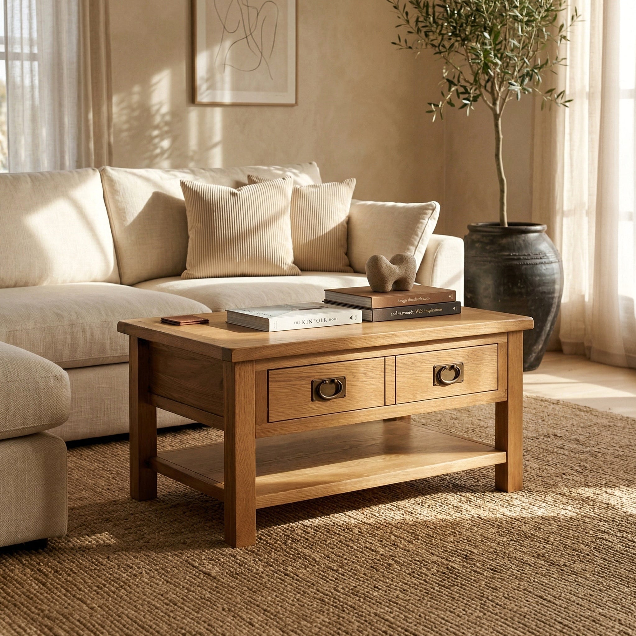 Table basse en chêne ciré style campagnard